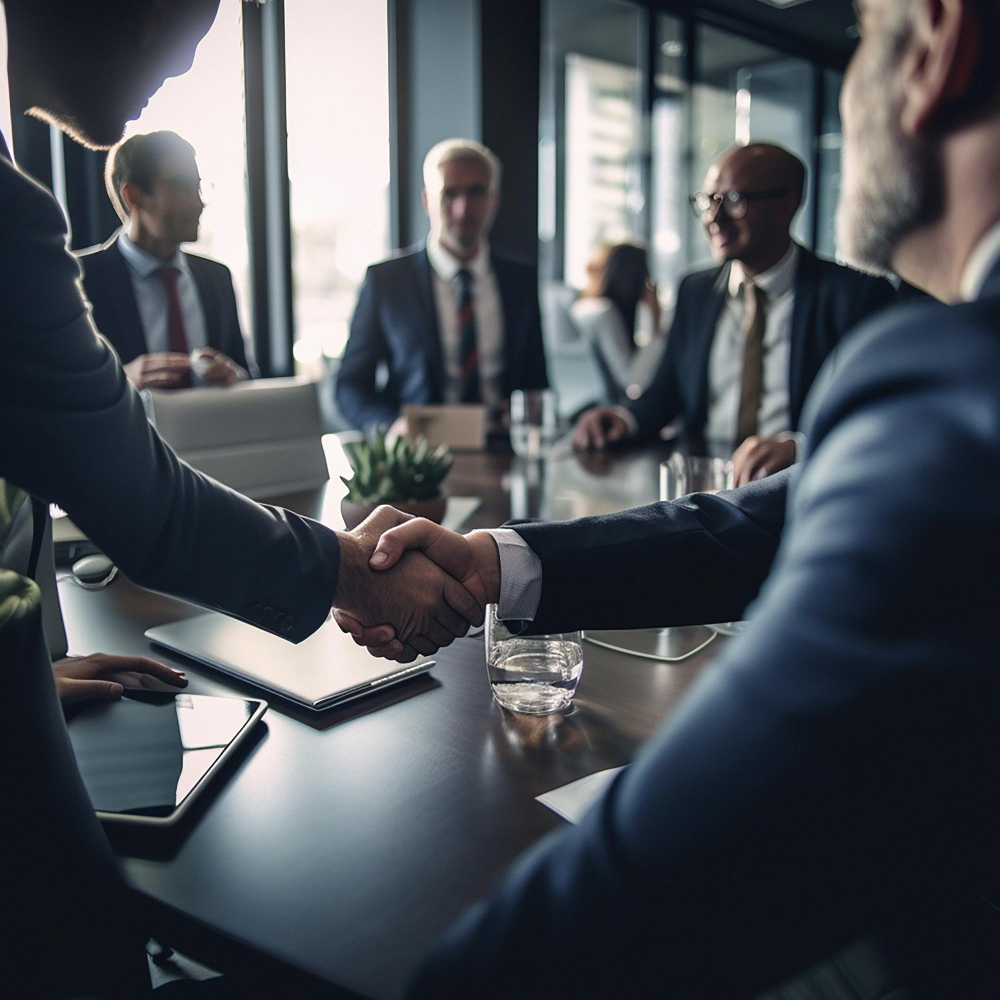 Business handshake meeting corporate office with accounting deal agreement shaking hands collaboration teamwork motivation executive team with ai generated success b2b project